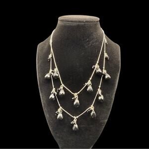 Delicate Silver tone 2 Layer Black Crystal Station Teardrop Layered Necklace